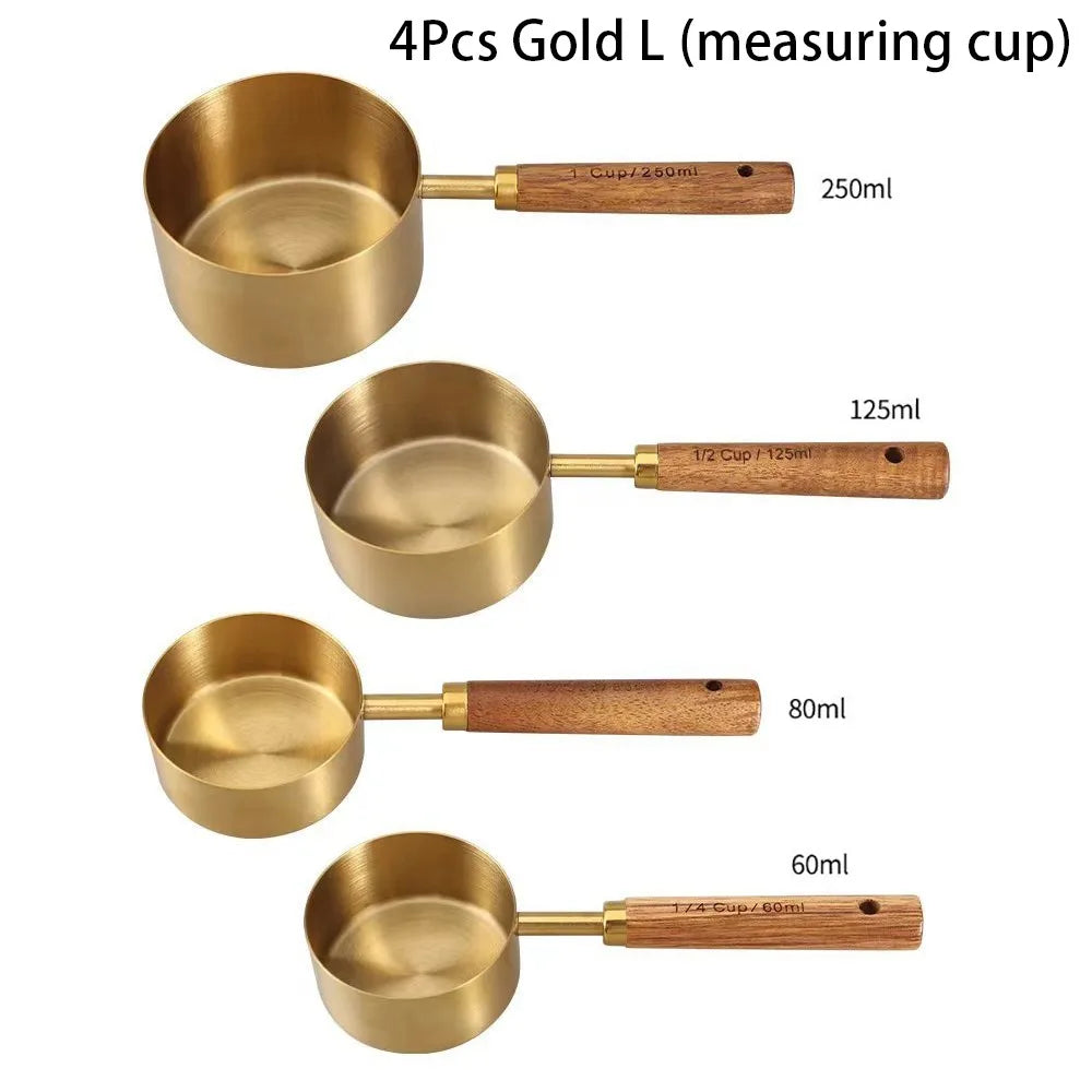4Pcs Stainless Steel Measuring Cup Spoon Set With Wooden Handle