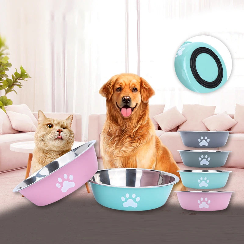 Stainless Steel Dog Bowl With Paw Print Non Slip Design