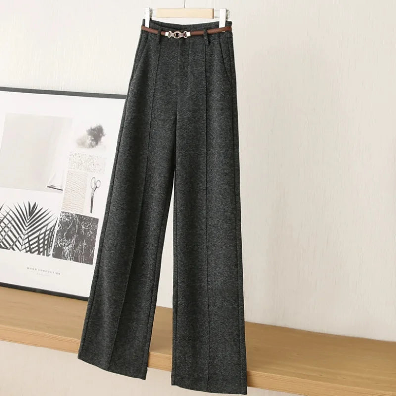 Women Woolen Straight Leg Pants Autumn Winter Warm Comfortable Polyester