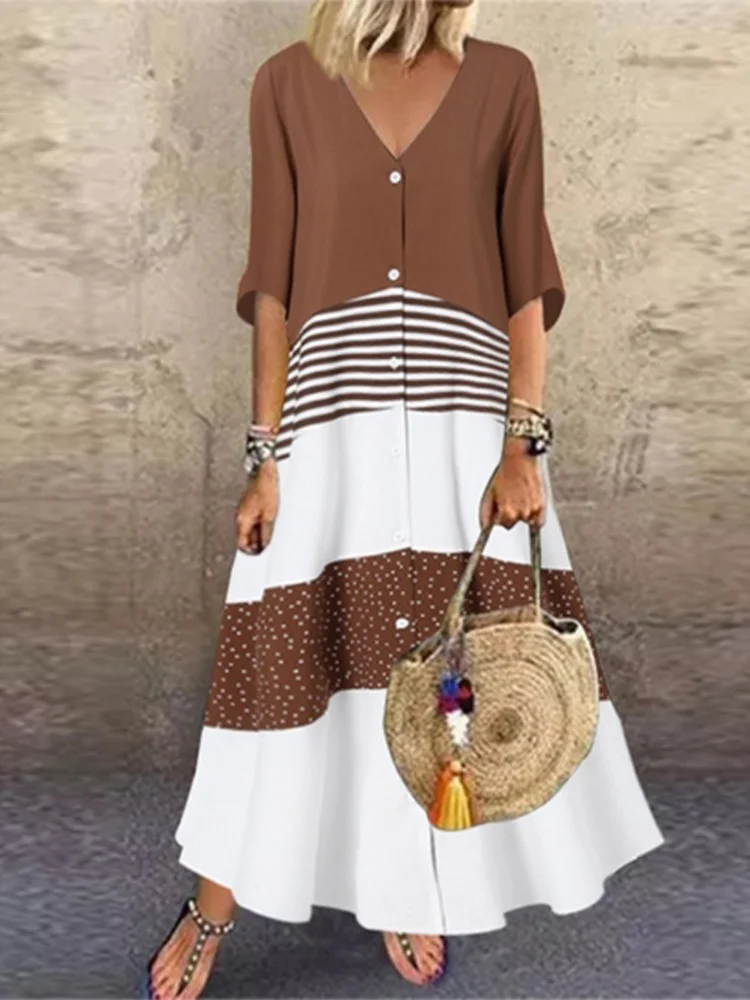 Inpetal Block Printed Short Sleeve V Neck Button Dress Summer Retro