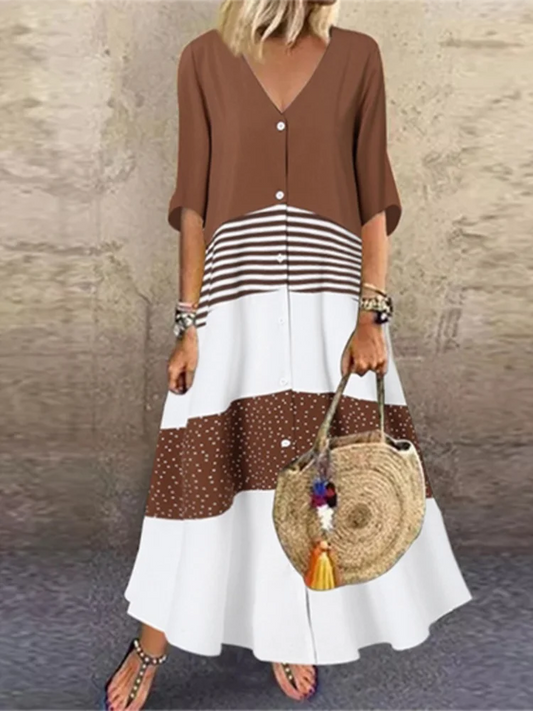 INPETAL Color Block Printed Short Sleeve V Neck Button Up Dress For Women