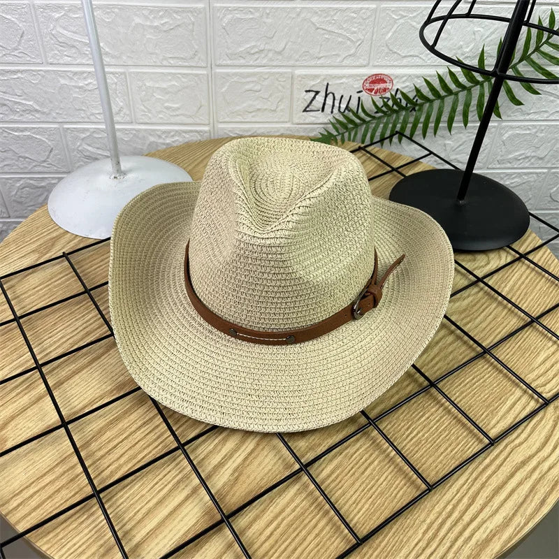 Wide Brim Straw Cowboy Hat Unisex Sun Protection Foldable Travel