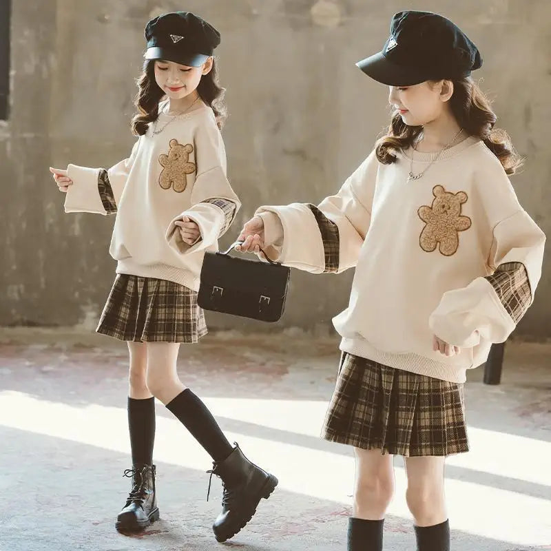 Girls Hooded Bear Sweatshirt And Plaid Pleated Skirt Set