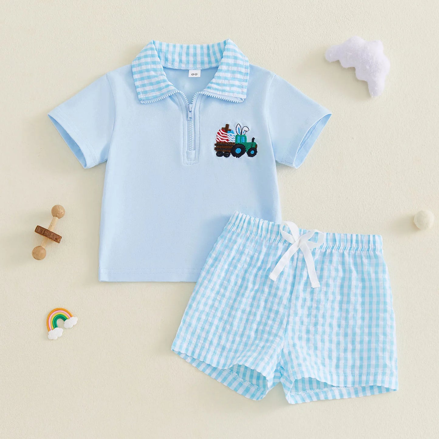 Toddler Easter Outfit Set Embroidered Short Sleeve Top And Shorts