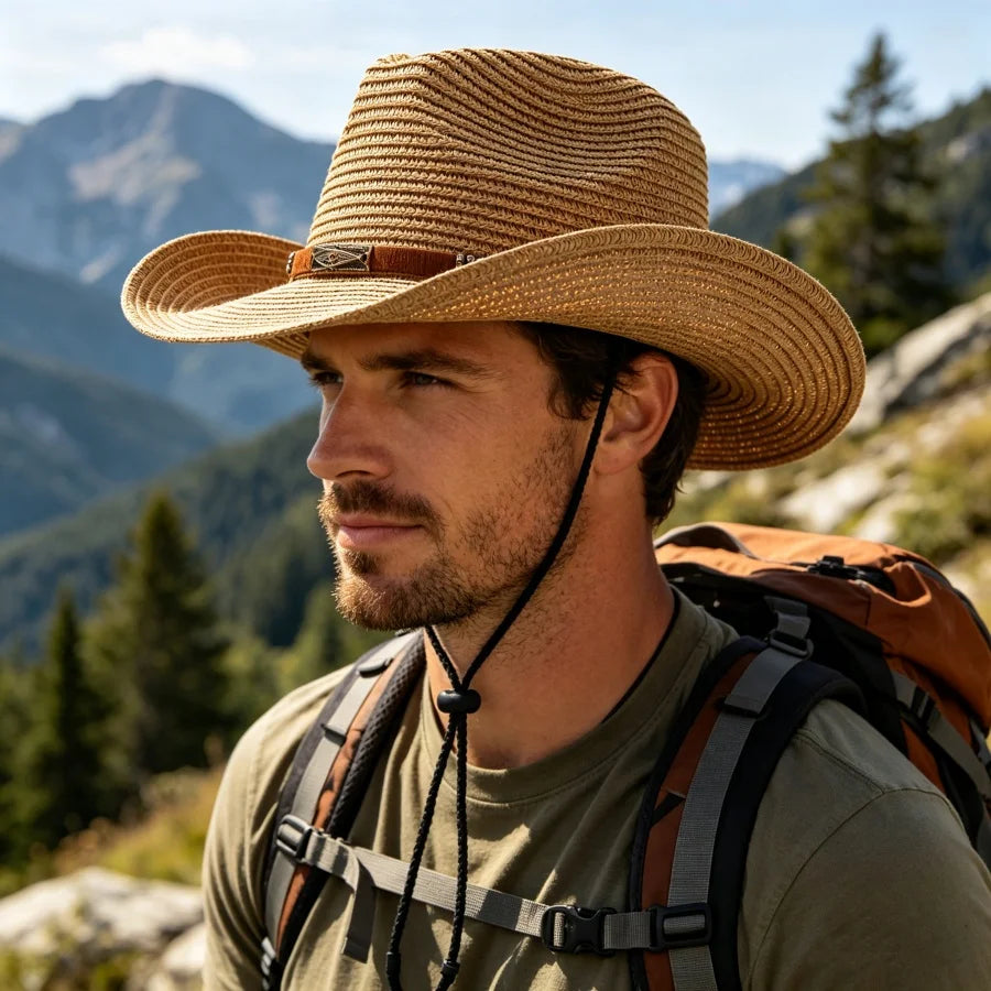 Outdoor Straw Cowboy Hat for Unisex Sun Protection Windproof Adjustable Strap