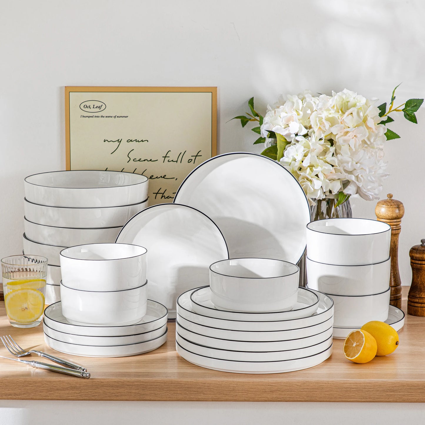 Malacasa Ceramic Dinner Plate Set With Black Rim And Half Standing Edge