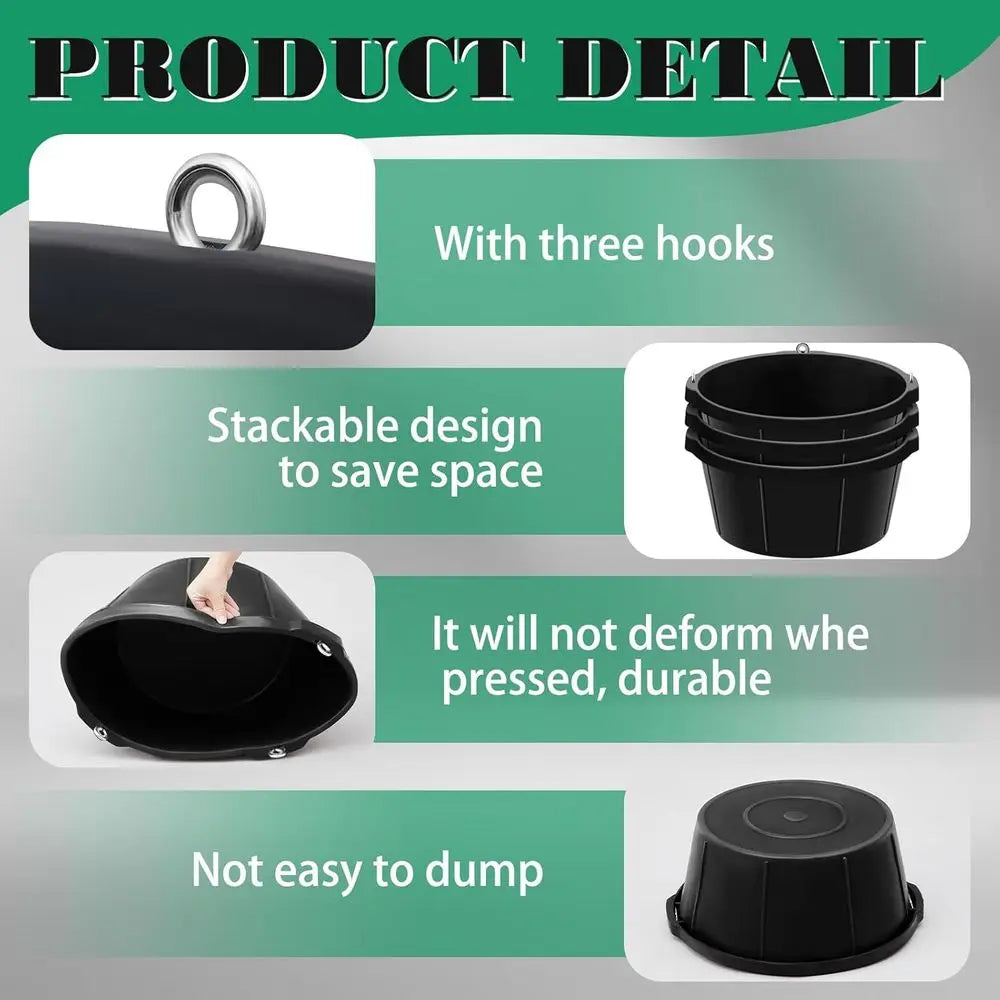 3-Pack Rubber Feed Troughs with Hooks, 6.5 Gallon Capacity, 90° Design for Poultry, Goats, and Other Animals