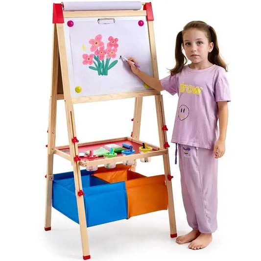 Art Easel for Kids, 3-in-1 Wooden Double-Sided Kid's Art Easel with Magnetic Whiteboard, Chalkboard, Paper Roll, Adjustable