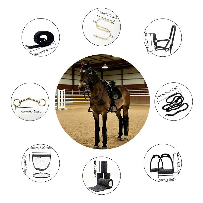 8 Piece Equestrian Riding Equipment Set Bridle Reins Stirrups Snaffle