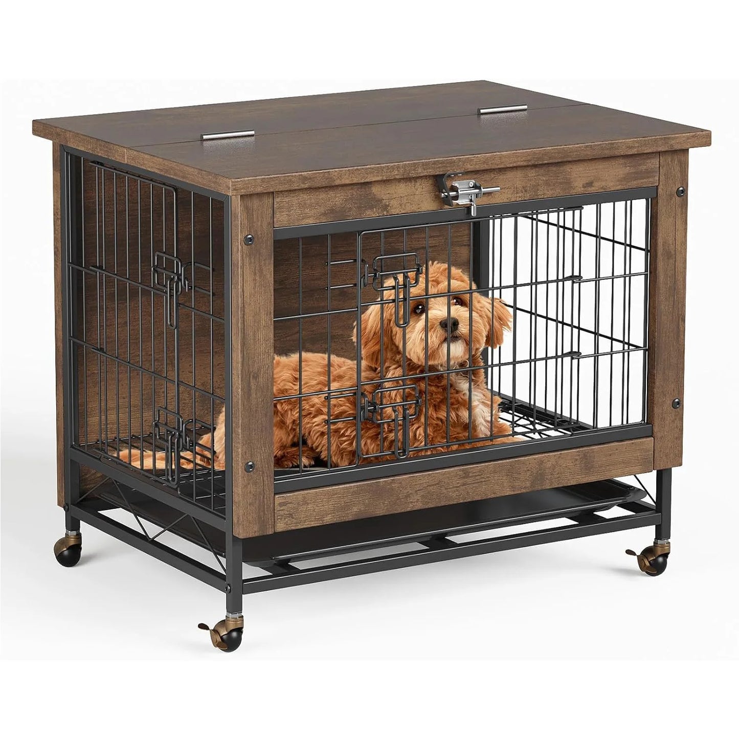 HiMISS Modern Wood Metal Dog Crate Furniture With Wheels