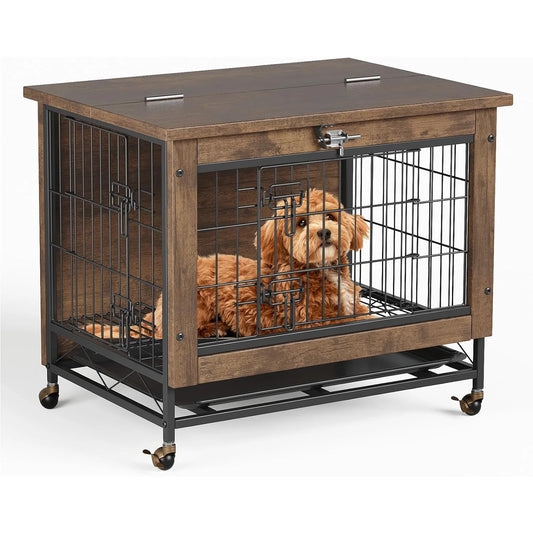 HiMISS Modern Wood Metal Dog Crate Furniture With Wheels