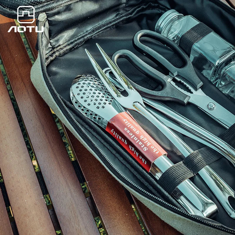 Outdoor Camping Kitchen Utensils 12 Piece Stainless Steel Tool Set With Bag