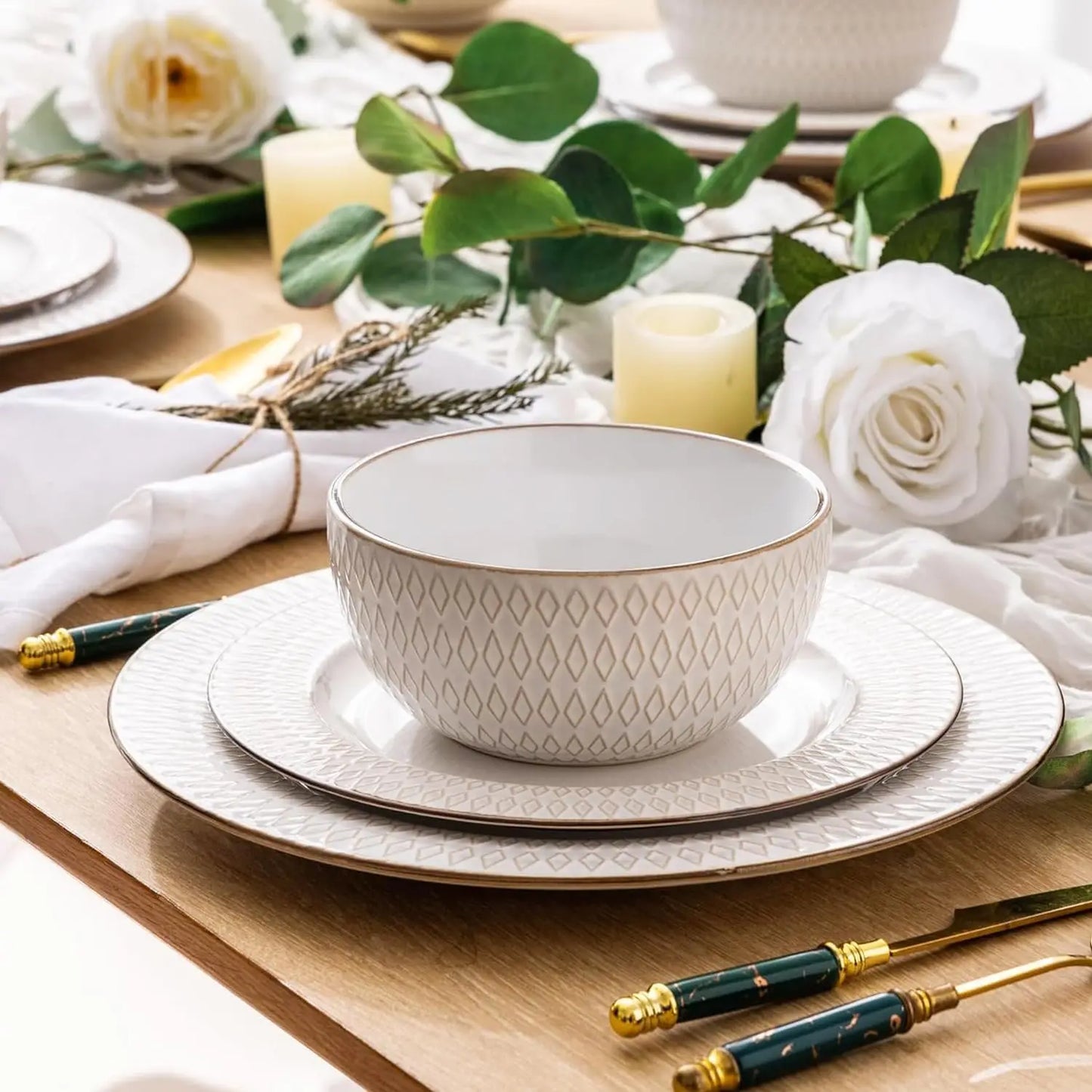 Ceramic Dinnerware Sets 12 Piece Embossed Stoneware Plates and Bowls
