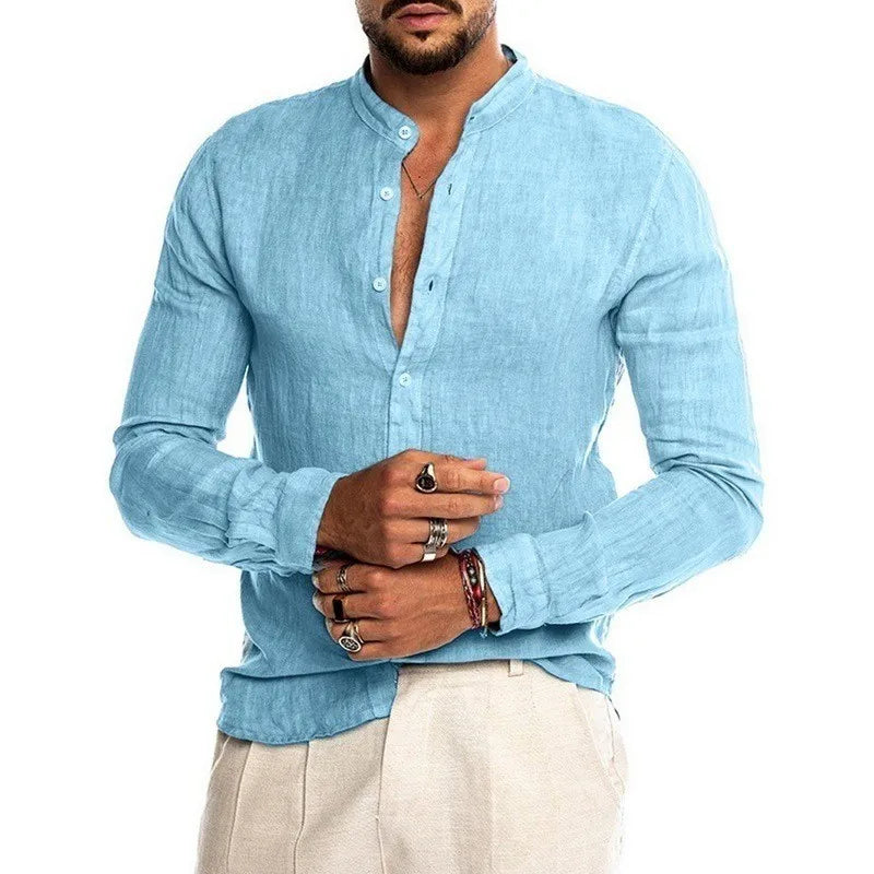 Men's Casual Long Sleeve Cotton Stand Collar Shirt