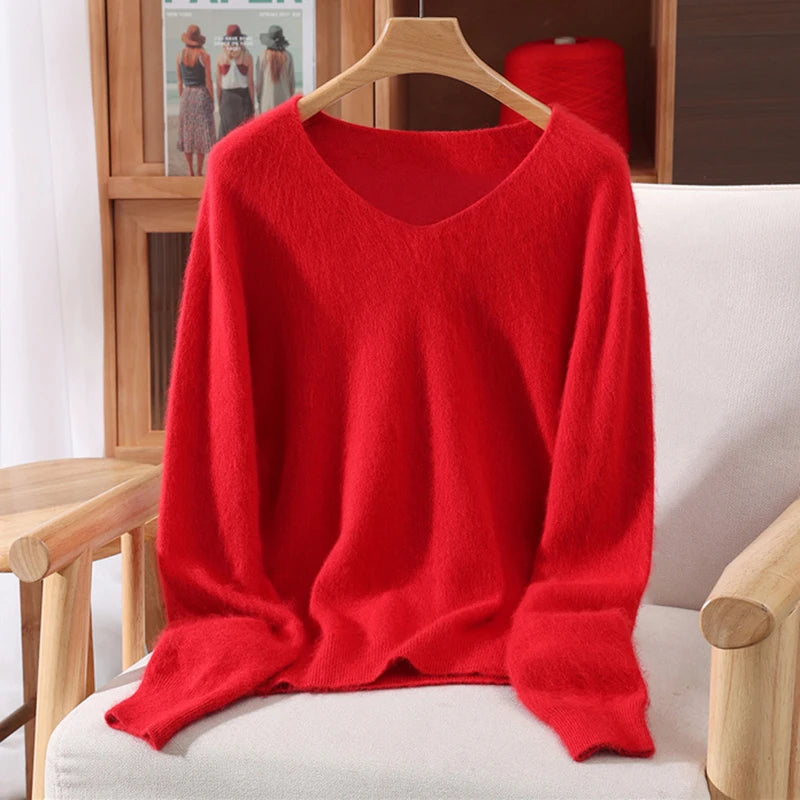 Mink Cashmere Women's V-Neck Knit Pullover Sweater