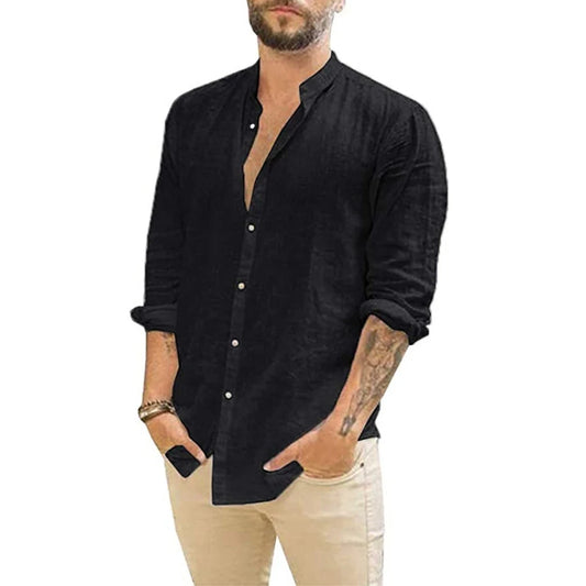 King Billion Cotton Linen Men's Long Sleeve Shirt Stand Collar