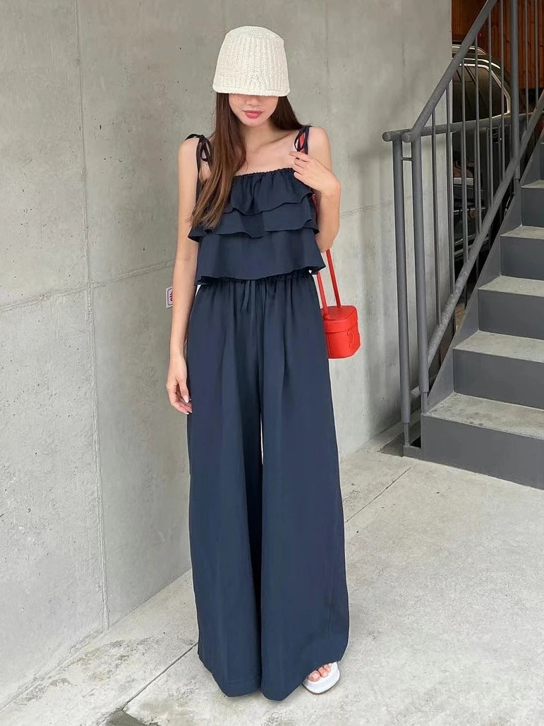 Others Floral Two Piece Set Women Top Wide Leg Pants