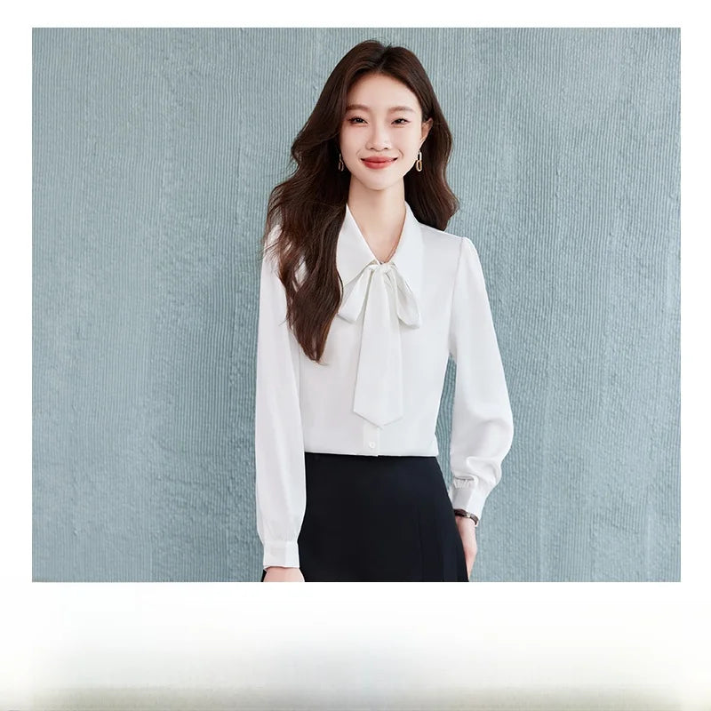Others Blue Bow Tie Shirt Skirt Set For Professional Commuter And Interview