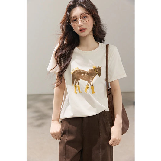 MISHOW Womens Horse Print Beaded Embroidery Cotton Crew Neck Tee