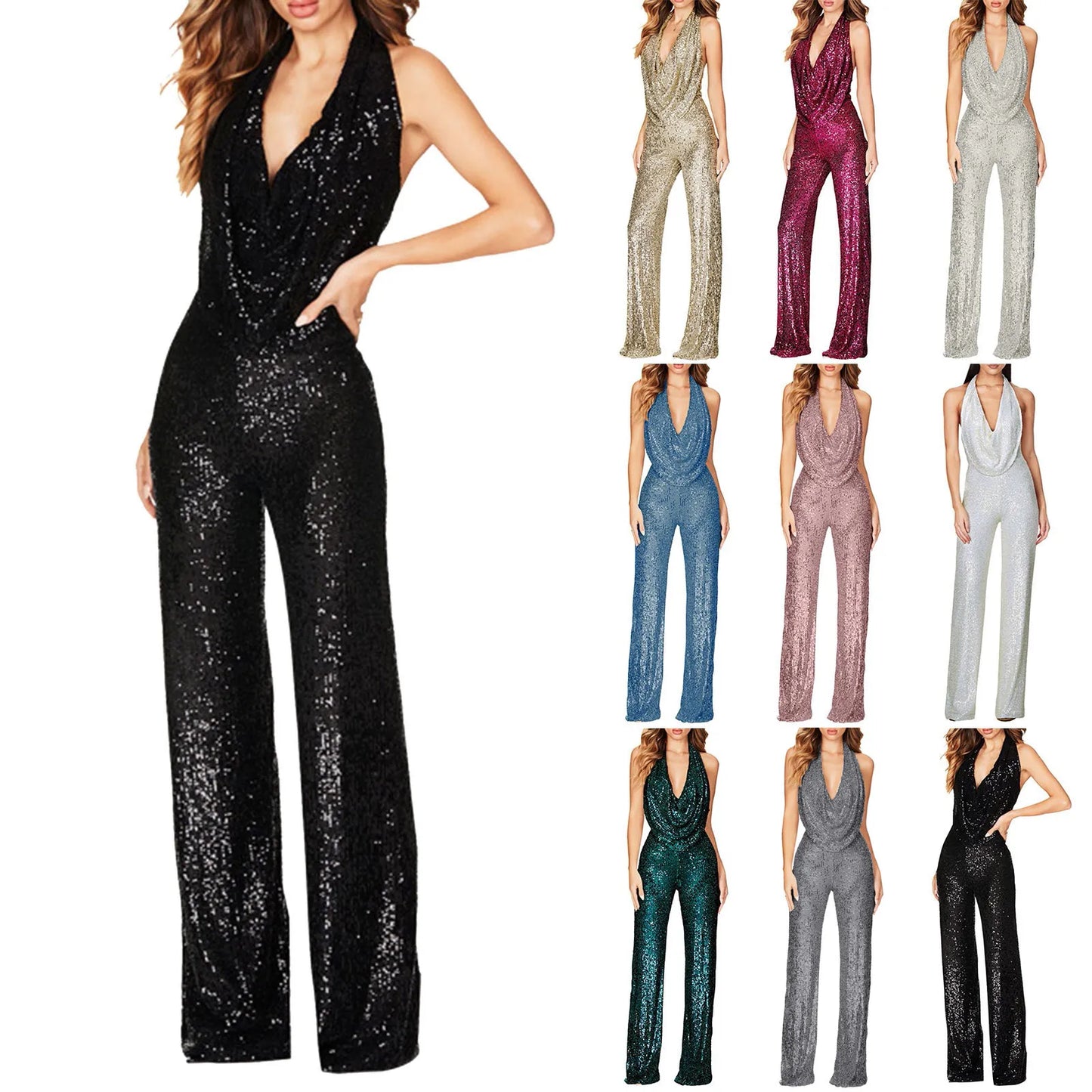 ZOMAXIUJEECN Elegant Women DeepVNeckline Halter WideLeg Crystal Sequined Party Jumpsuit