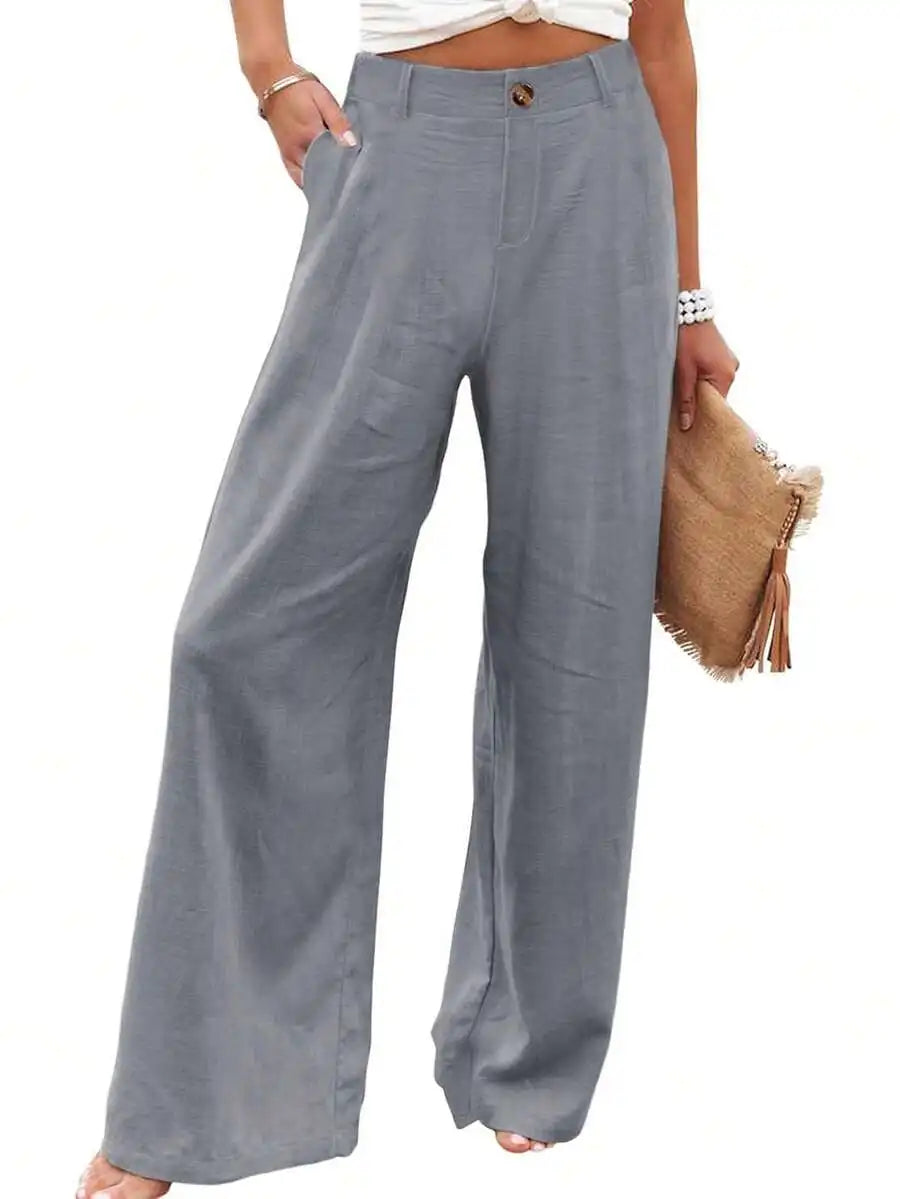 Womens Cotton Linen Wide Leg Trousers High Waist Button Up