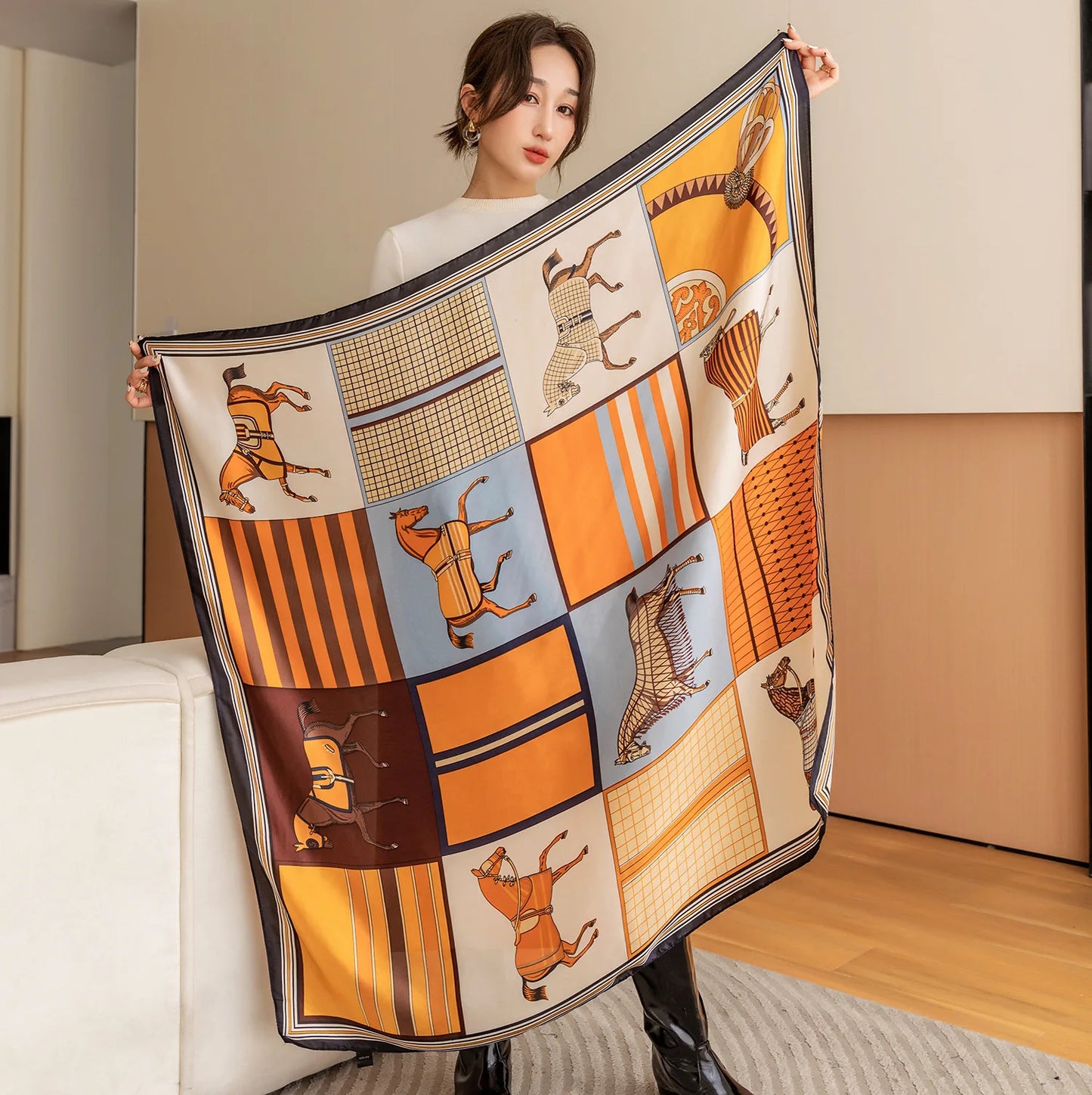 Horse Print Square Scarf For Women Polyester Windproof Head Wrap