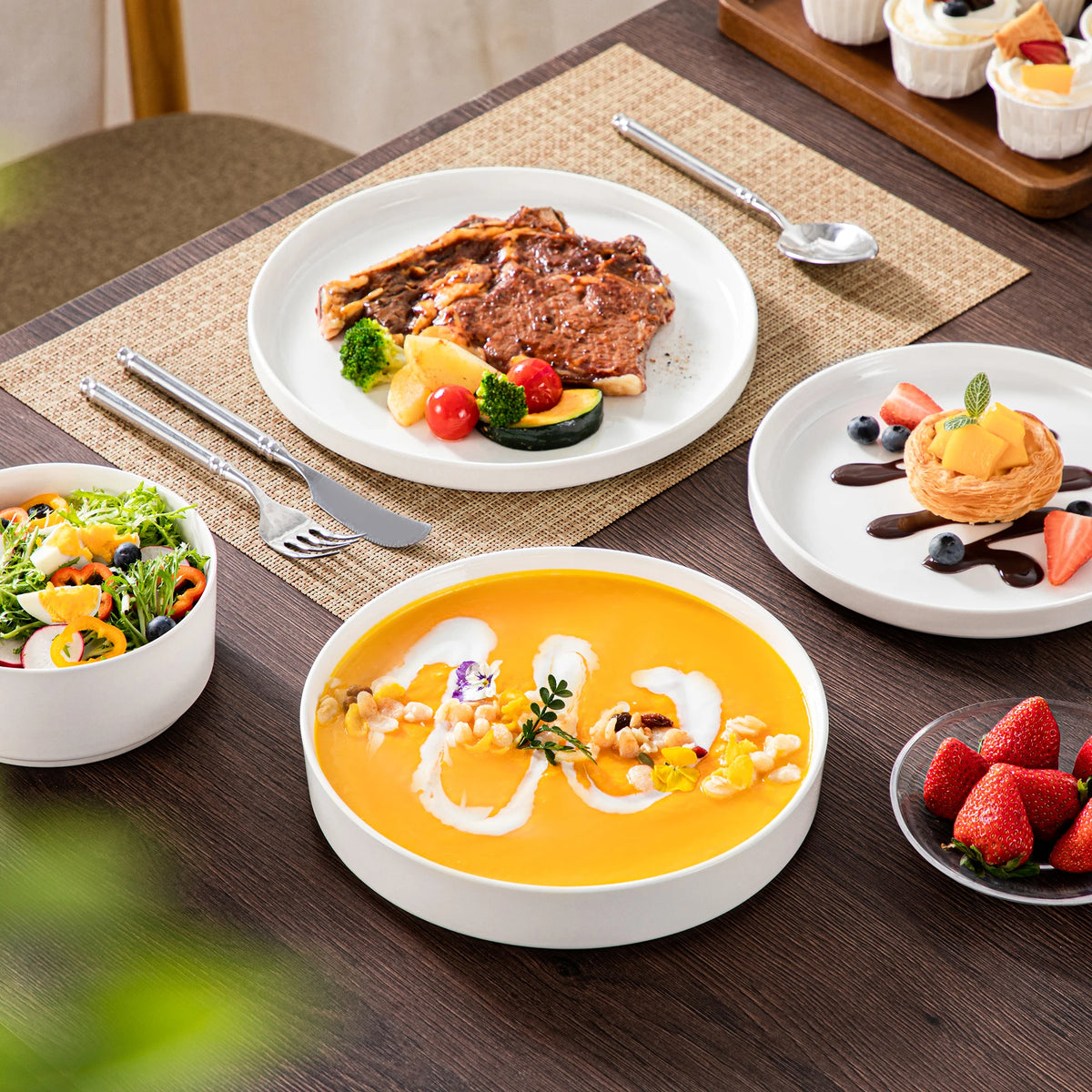 Malacasa Ceramic Dinner Plate Set With Black Rim And Half Standing Edge