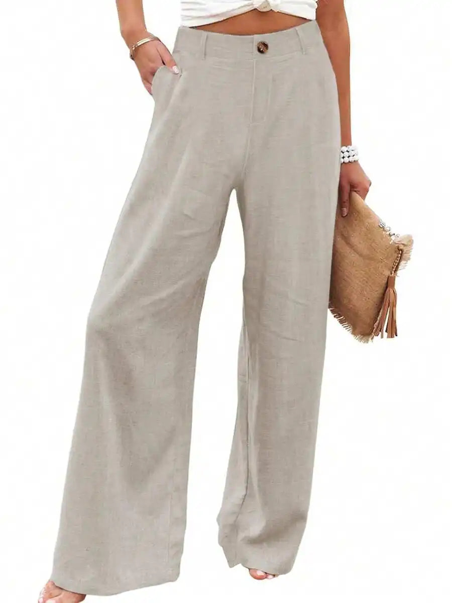 Womens Cotton Linen Wide Leg Trousers High Waist Button Up