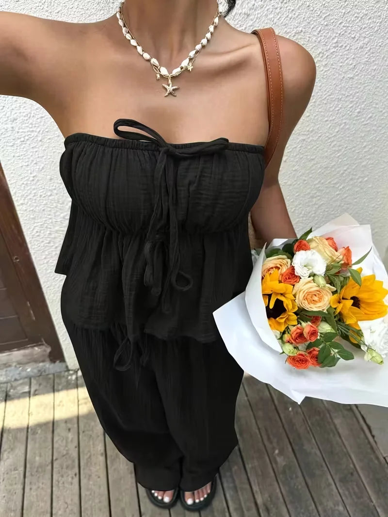 Women Two Piece Lace Up Top And Pants Set