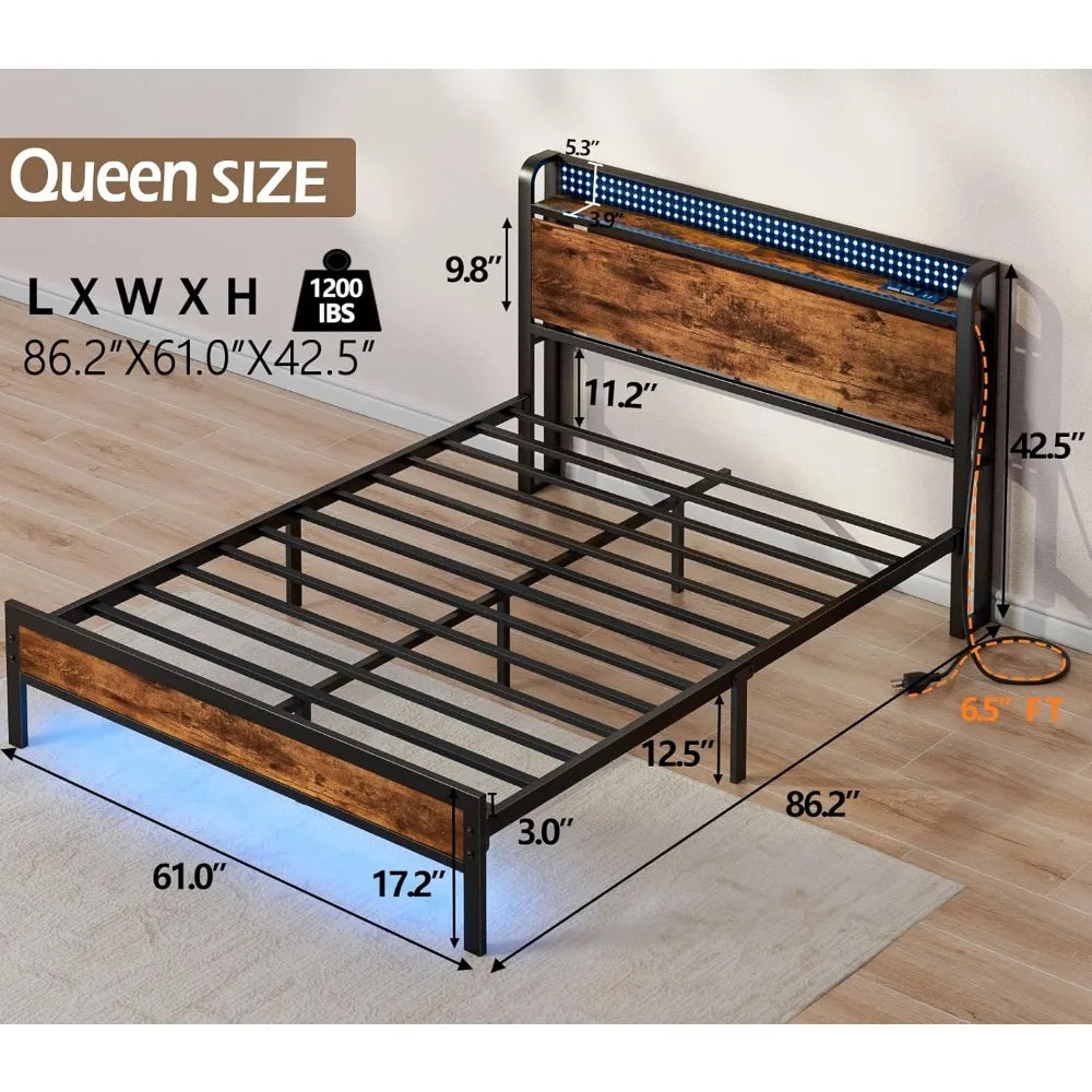 Bed Frame With Charging Station And Led Lights Industrial Platform