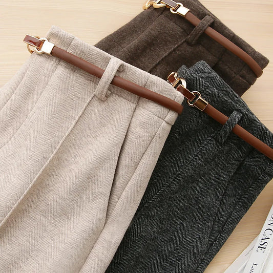 Women Woolen Straight Leg Pants Autumn Winter Warm Comfortable Polyester