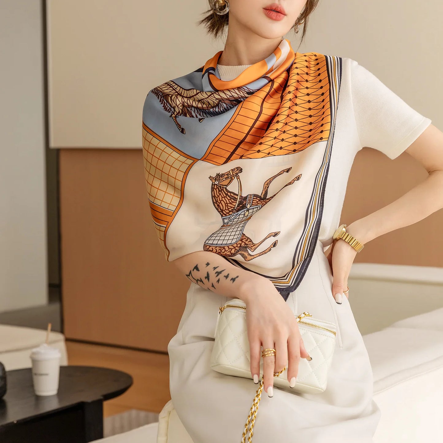 Horse Print Square Scarf For Women Polyester Windproof Head Wrap