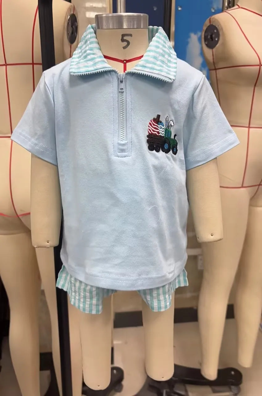 Toddler Easter Outfit Set Embroidered Short Sleeve Top And Shorts
