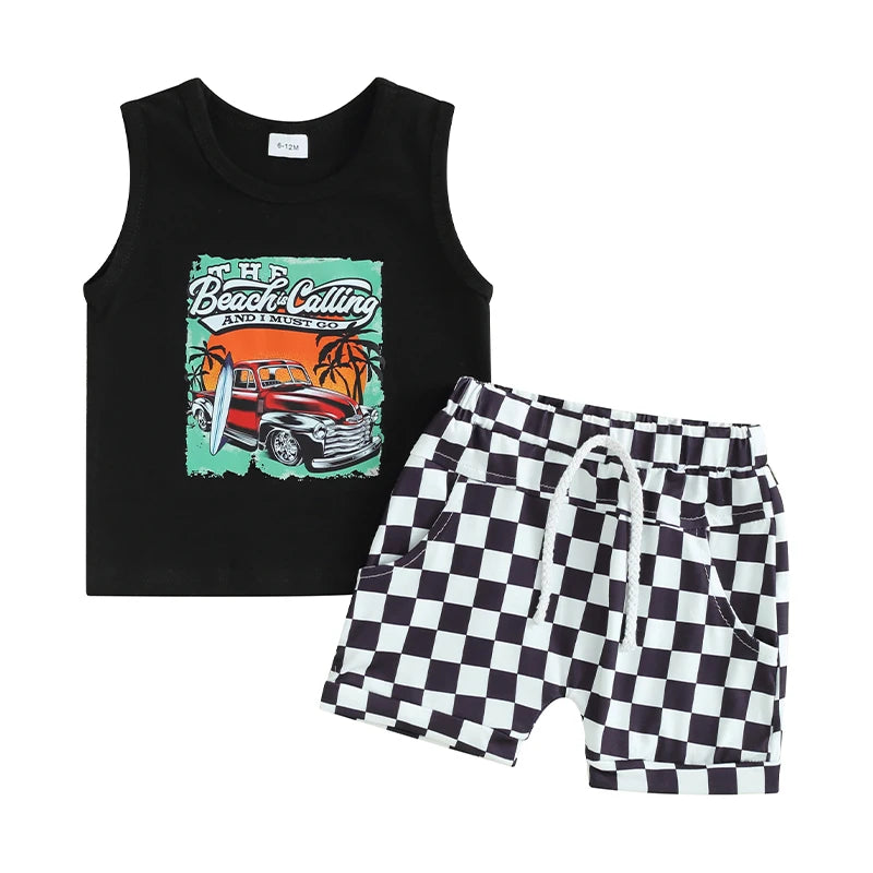 Lioraitiin Toddler Boys Summer Outfit Set Letter Car Print Tank Tops And Shorts