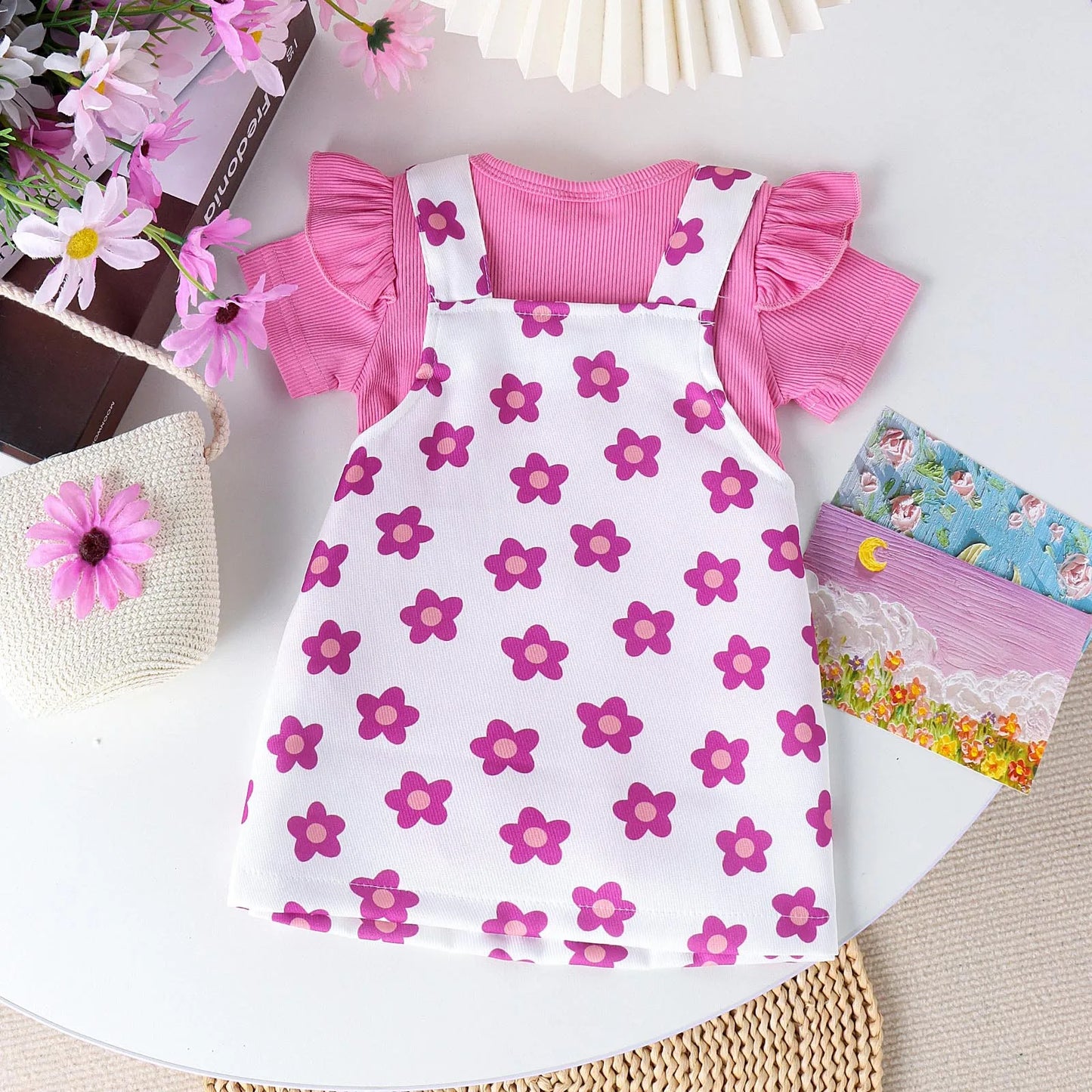 Floral Print Unisex Bamboo Fiber Romper Set Short Sleeve