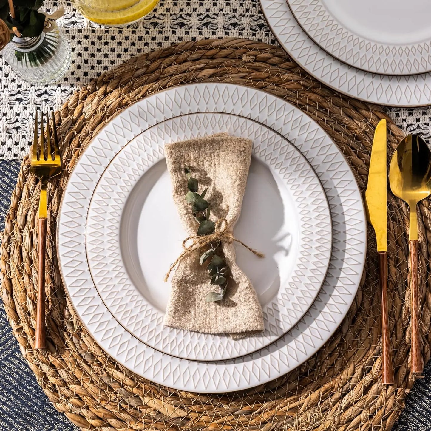 Ceramic Dinnerware Sets 12 Piece Embossed Stoneware Plates and Bowls