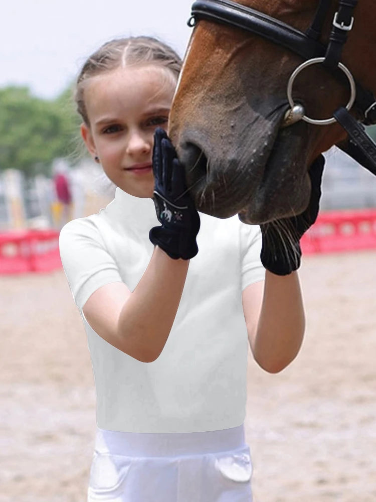 NONECN Equestrian Women Zip Front Horse Riding Top Short Sleeve