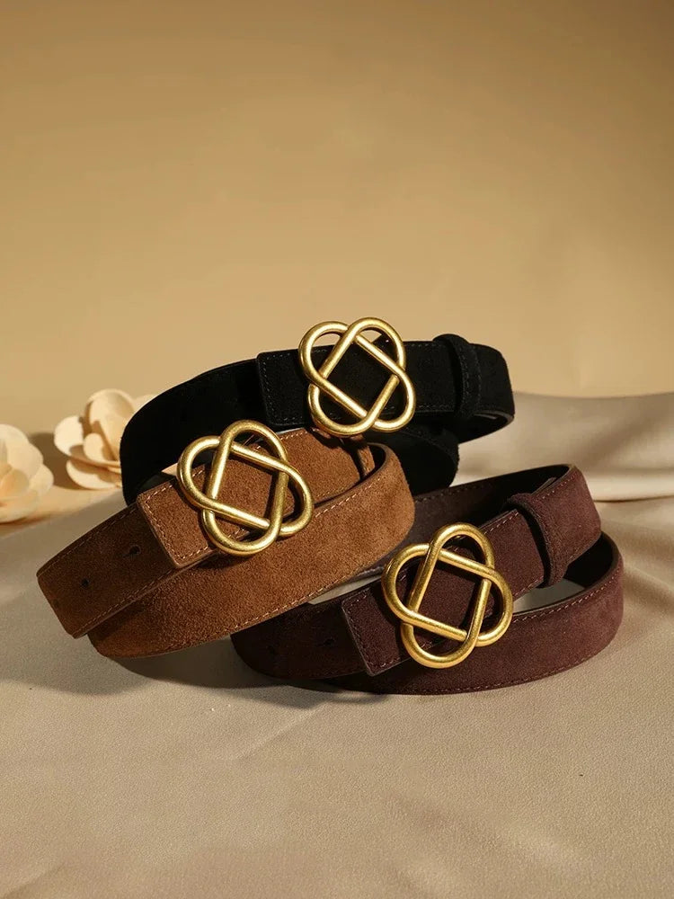 Suede Cowhide Belt For Women Vintage Style Retro Buckle
