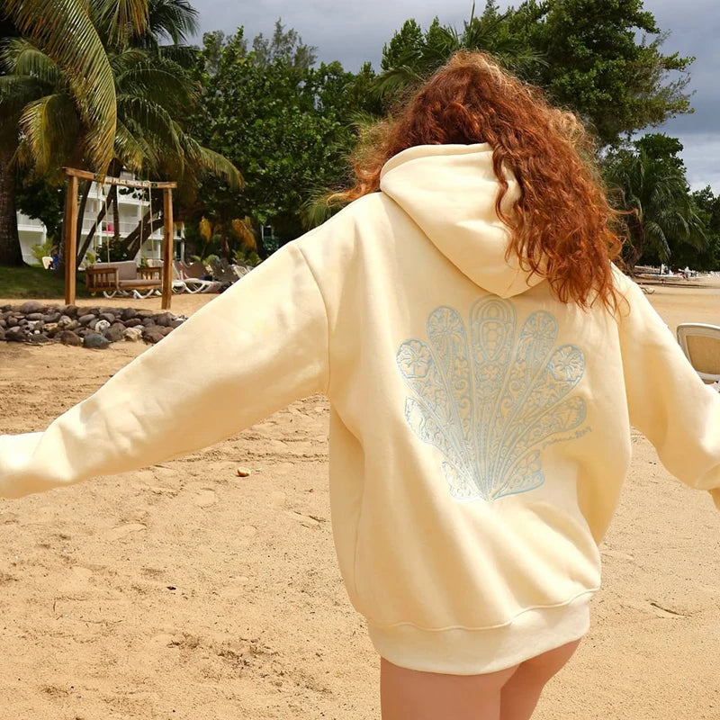 XBTCLXEBCOCN Preppy Oversized Graphic Hoodie For Women Embroidered Hibiscus Palm