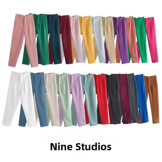 Others High Waist Casual Pants For Women Slim Fit Polyester