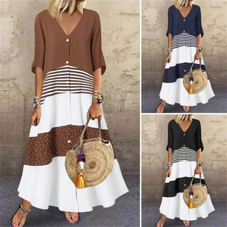 Women V Neck Button Front Jersey Knit Dress With Stripes And Polka Dots