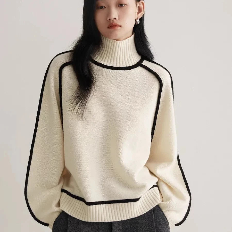 VWBQNZ Womens Turtleneck Knitted Sweater Autumn Winter Patchwork Pullover