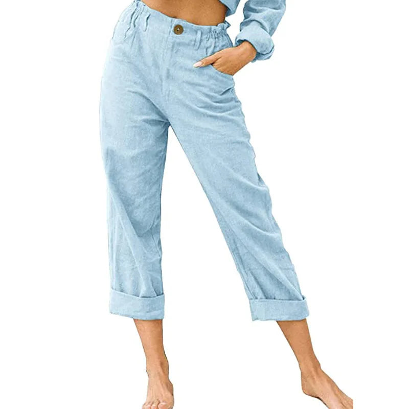 Guangdong Choice Cotton Linen Cropped Pants For Women, Casual Straight