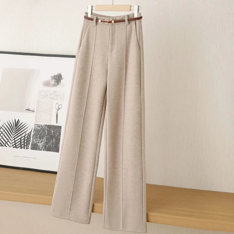 Women Woolen Straight Leg Pants Autumn Winter Warm Comfortable Polyester
