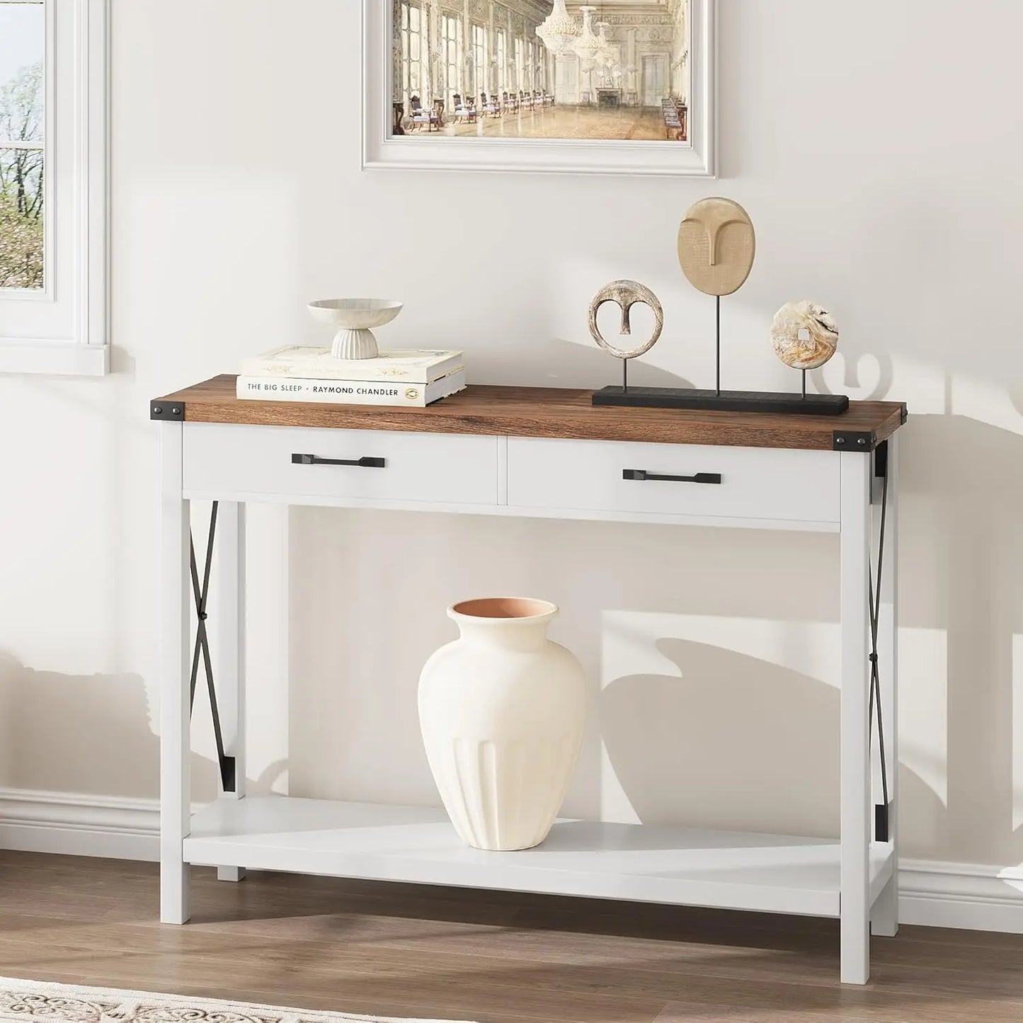 Black Console Table with 2 Drawers & Storage Shelf for Entryway Hallway Living Room 43x12x30in, Customized