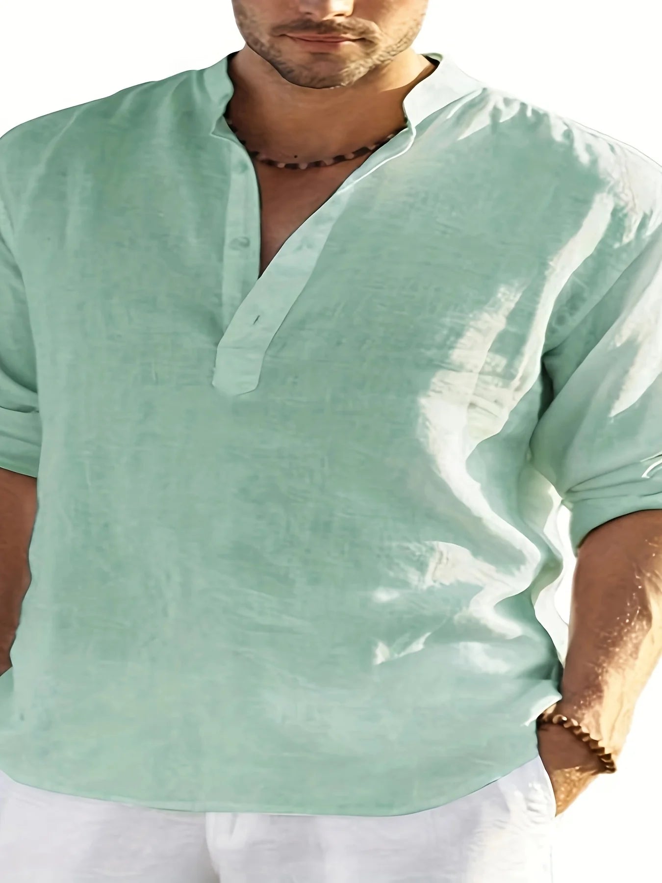 Men's Linen Stand Collar Long Sleeve Shirt Cotton Blend