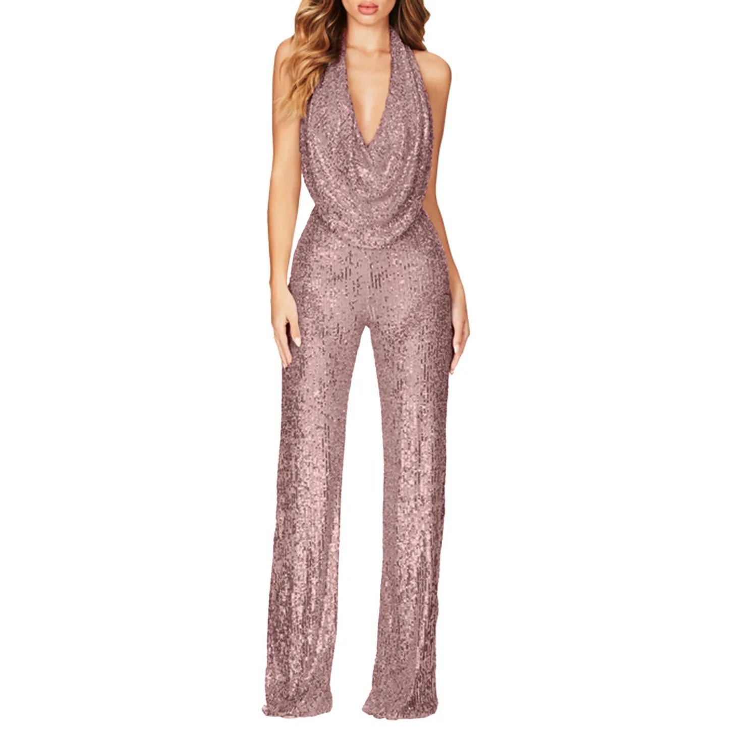 ZOMAXIUJEECN Elegant Women DeepVNeckline Halter WideLeg Crystal Sequined Party Jumpsuit