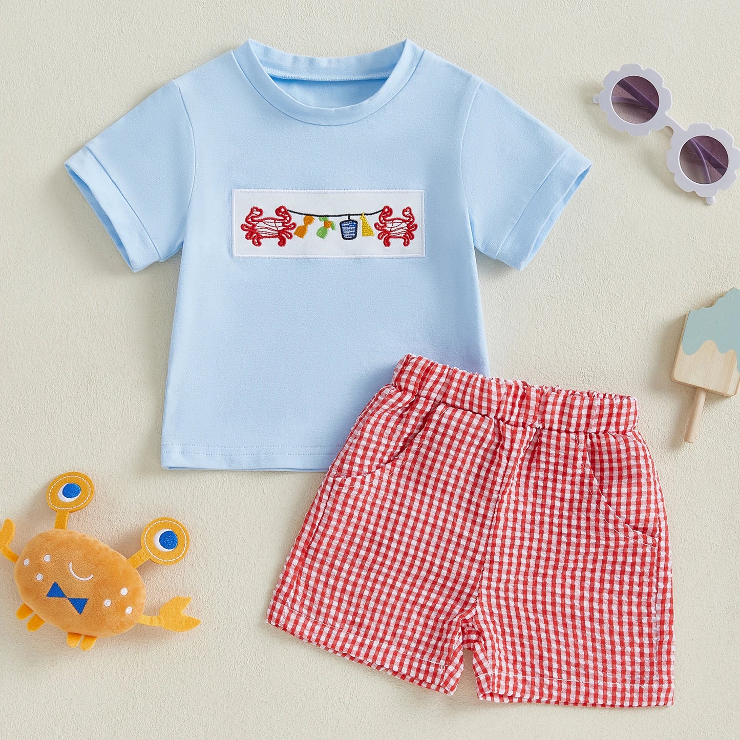 Toddler Boy Summer Outfit Set Embroidered Crab Lobster Plaid Shorts