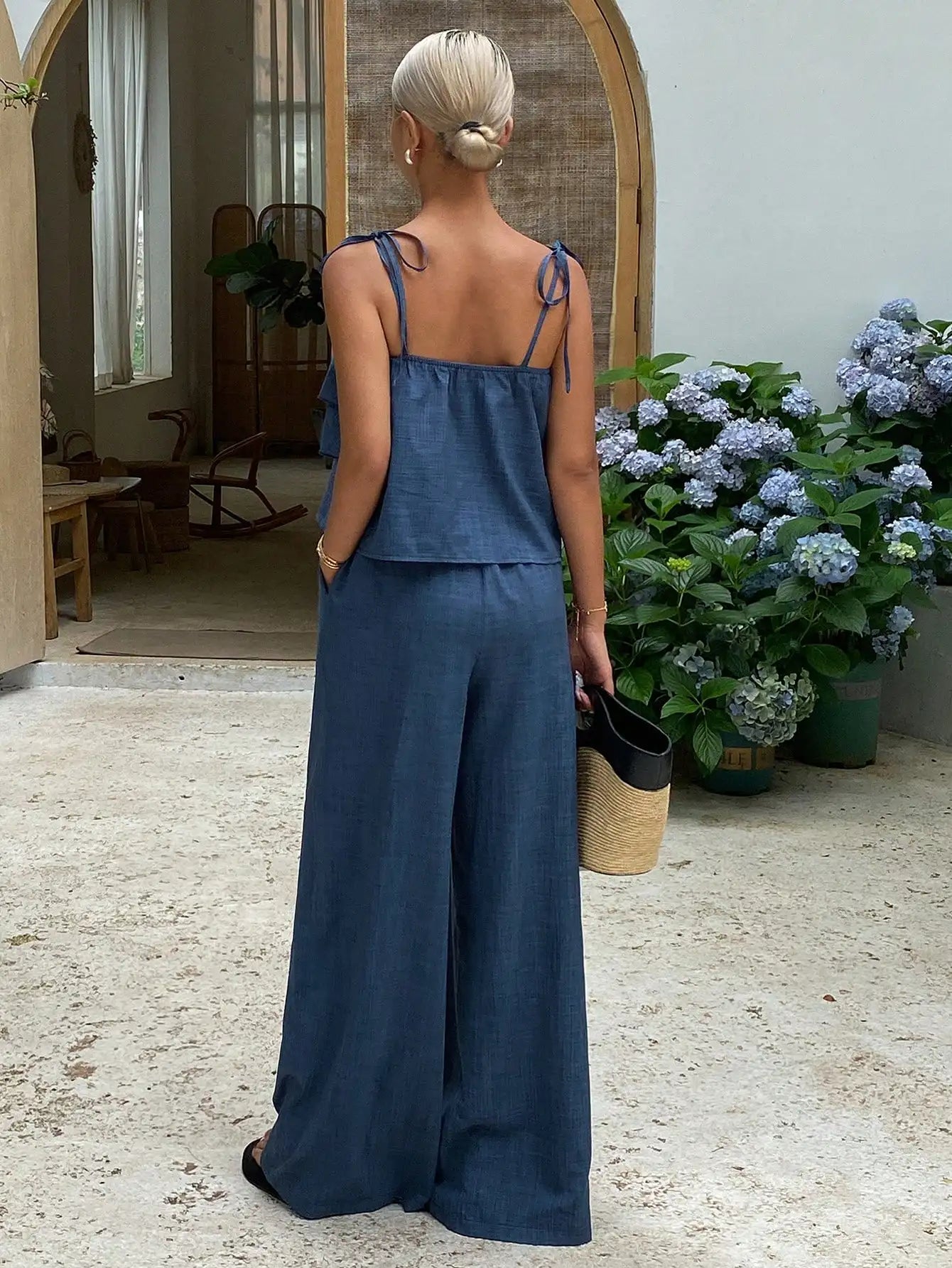 Ruffled Cami Top And Wide Leg Pants Set For Summer