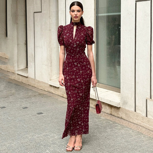 Linad Spring Elegant Print Long Dress For Women Chiffon Puff Sleeve